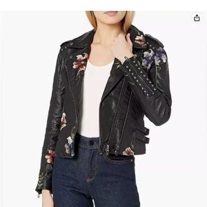 Colleen Lopez Faux Black Leather Biker Style Jacket with Colorful Floral Accents